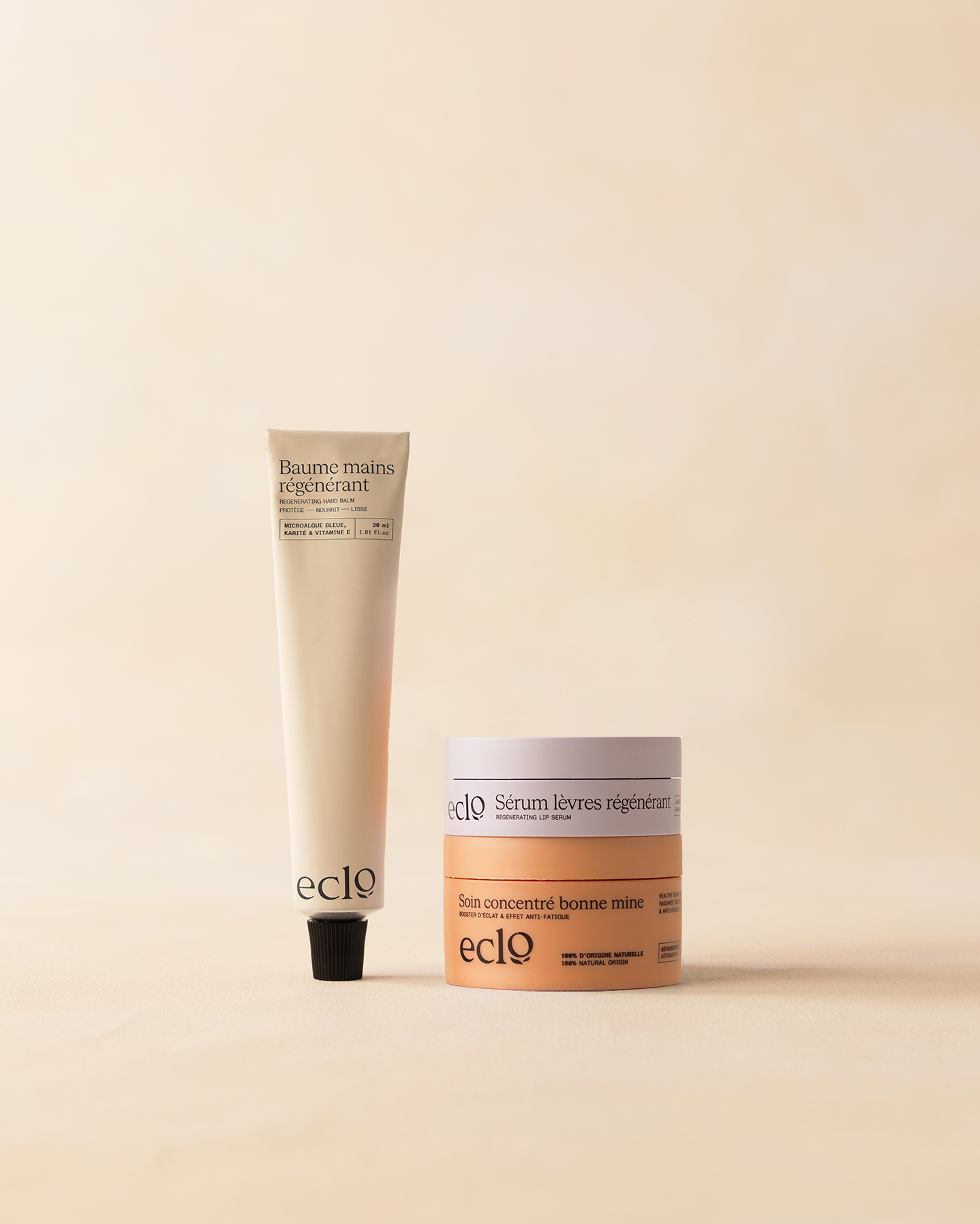 Trio Éclat - lot de 3 soins Eclo (soin concentré + baume lèvres + baume mains)